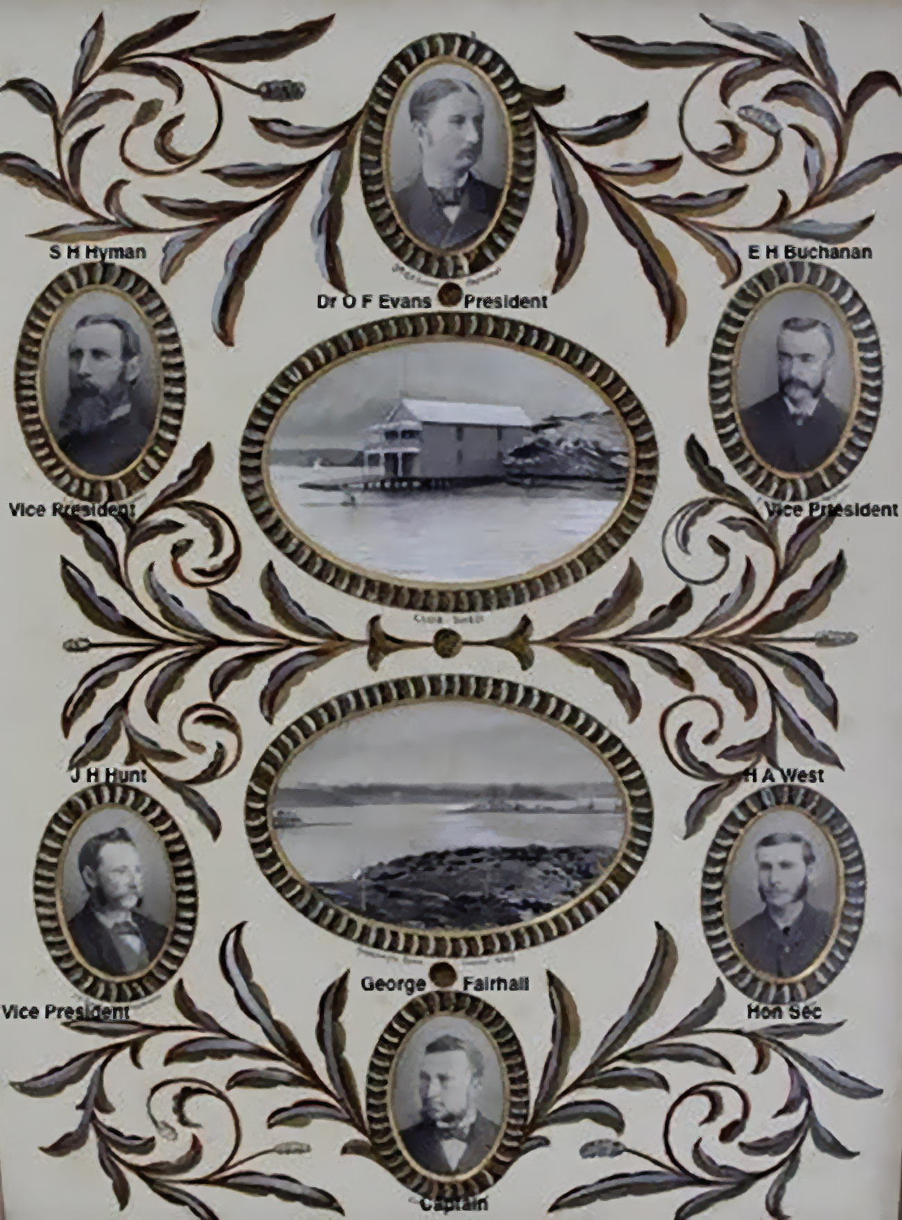 a collage of photos showing the Balmain Working Men’s Rowing Club’s First Committee Men in 1886 and an image of the two story building