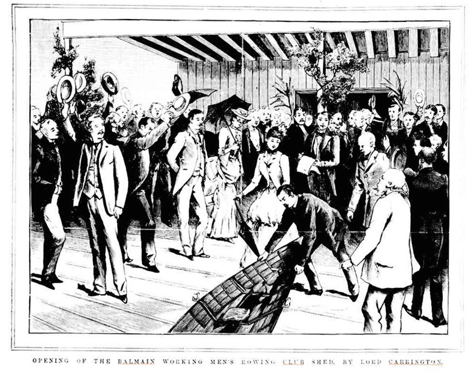 Black and White illustration showing a crowd of people celebrating and on show is a row boat in the centre