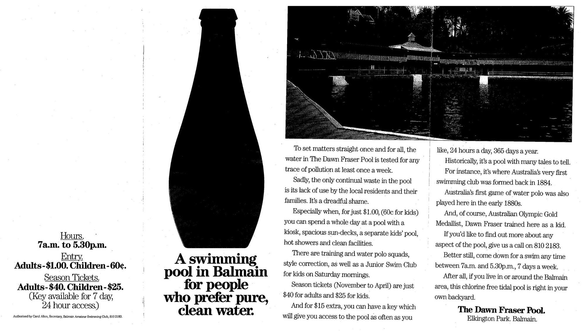 Black and white pamphlet describing that the pool is safe and has clean water