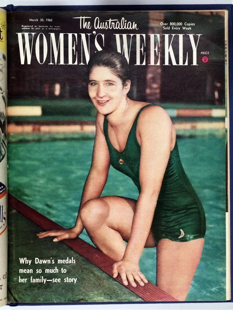 Coloured photo of dawn Fraser leaning and stepping out a pool, cover of magazine