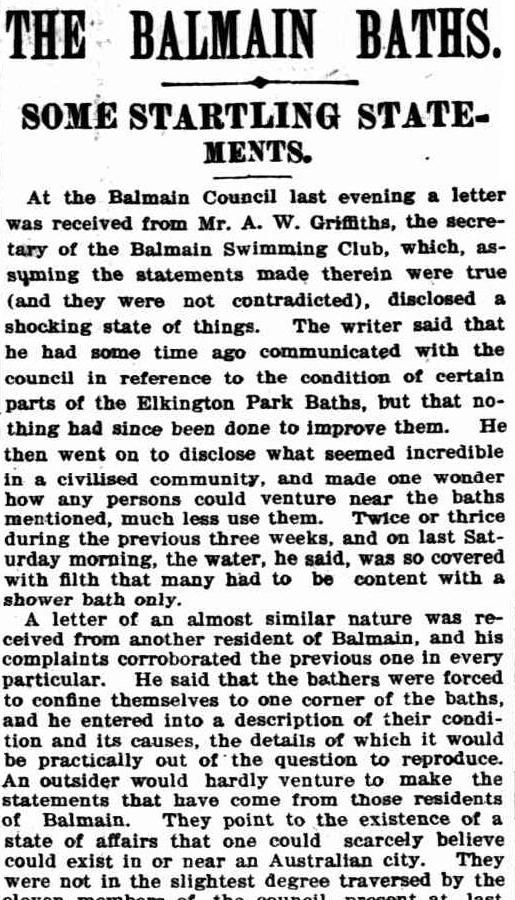 Newspaper article on that the condition of the baths have no improvements. Stating bathers were forced to confine themselves to one corner of the baths.