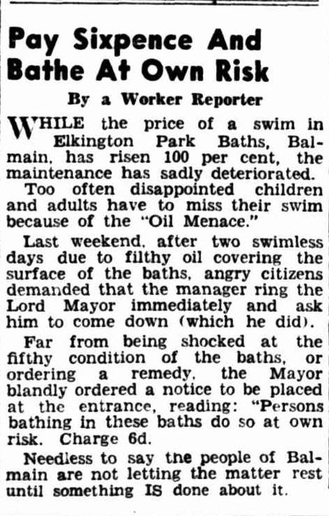 Newspaper article that the pools maintenance has deteriorated, with people not swimming as oil covers to surface of the pool.
