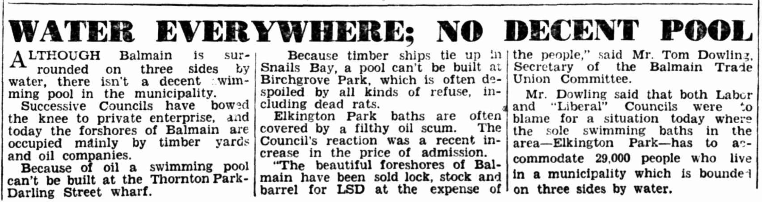 Newspaper article on how there are lots of ocean pools around Balmain but all filled with refuse, dead rats and oil