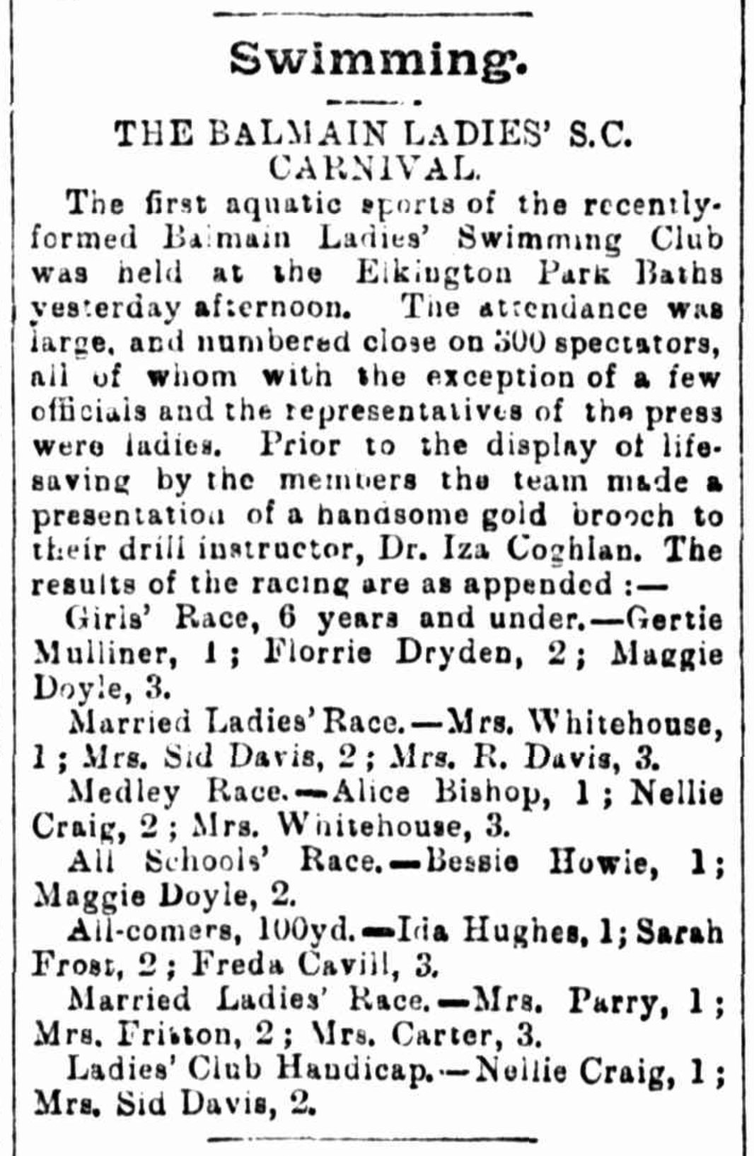 Newspaper article on the ladies swimming club, with an attendance of 300 spectators