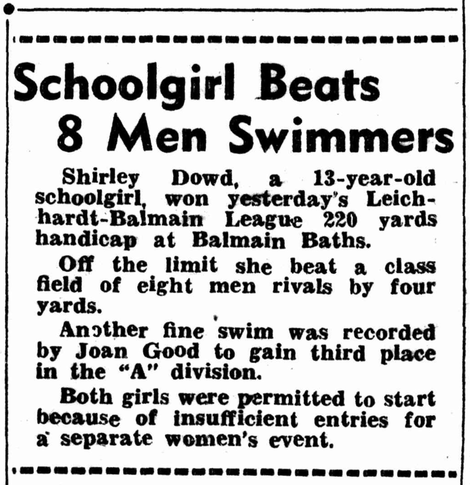 Newspaper article detailing how a 13 years old school girl won Leichhardt and Balmain 220 yard race. Beating a class field of eight men by four yards.