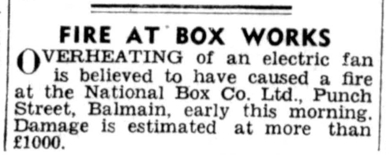 Short Newspaper article on how an overheating electric fan caused a fire at the national box factory creating damage of more than one thousand pounds